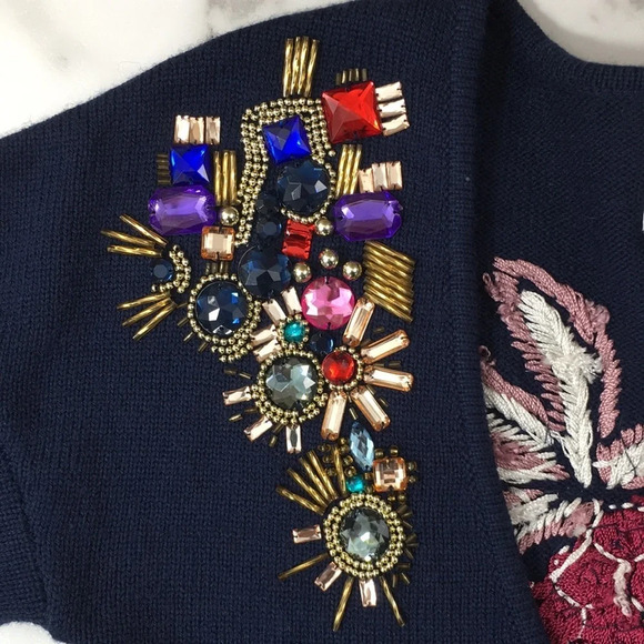 Asos‎ Revive Navy Cardigan Sweater Womens 6 Rhinestone Embroidered Embellished - Picture 9 of 13